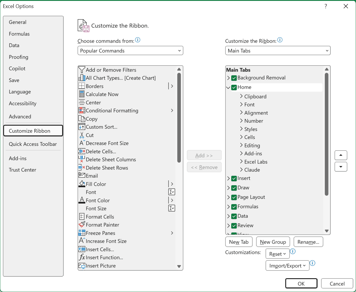 Excel Options, Customize Ribbon, with Developer listed under Main Tabs, ready to be checked.