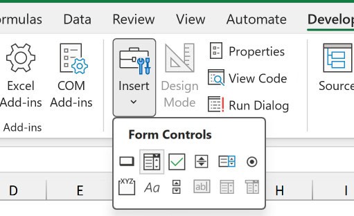 Developer tab, Insert, with Combo Box (Form Control) selected.