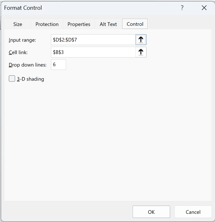 Format Control, Control tab: Input range $D$2:$D$7, Cell link $B$3, Drop down lines 6.