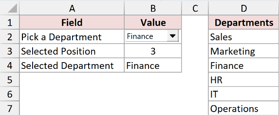 The combo box showing Finance, with 3 as the selected position and Finance as the department.