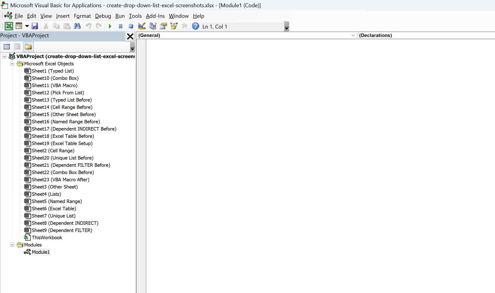A new, empty module inserted in the Visual Basic Editor.