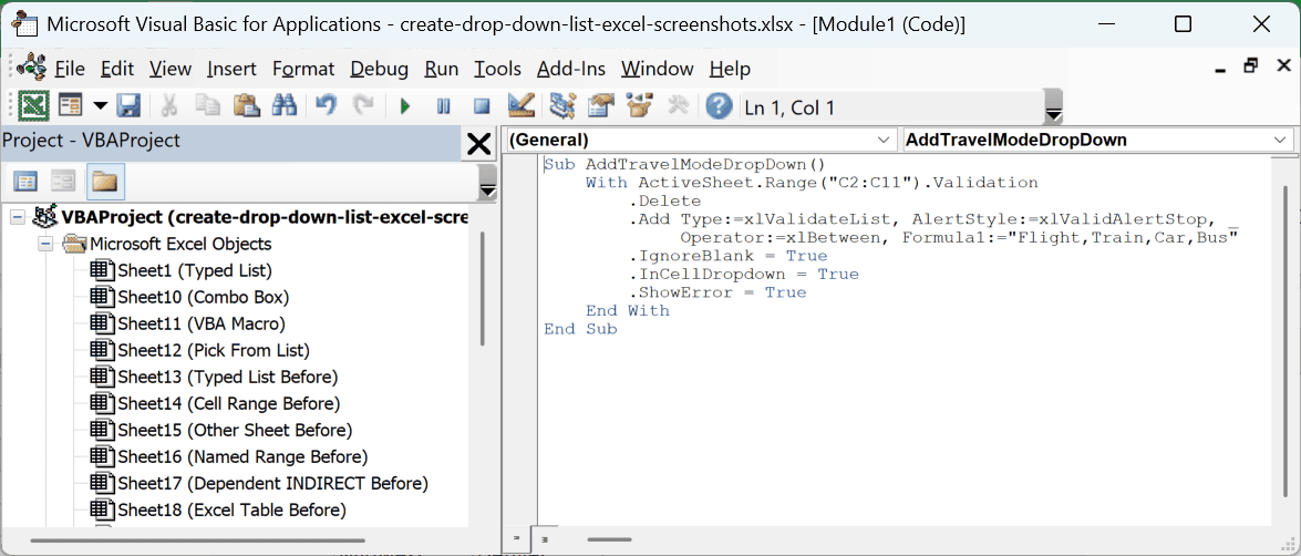 The AddTravelModeDropDown macro pasted into a module in the Visual Basic Editor.