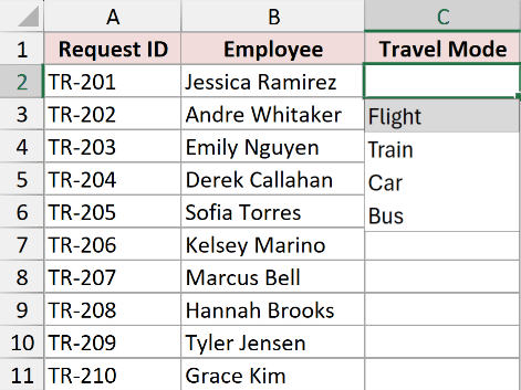 After running the macro, C2:C11 has a drop-down with Flight, Train, Car, and Bus.