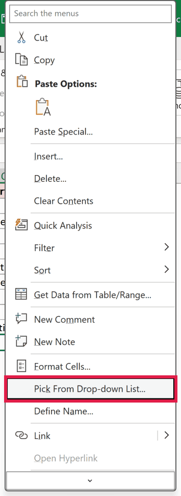 The right-click menu for C11 with Pick From Drop-down List highlighted.
