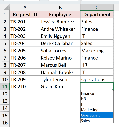 Excel's pick list under C11 showing Finance, HR, IT, Marketing, Operations, and Sales.