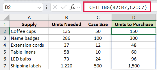 =CEILING(B2:B7,C2:C7) in D2