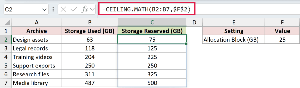 =CEILING.MATH(B2:B7,$F$2) in C2