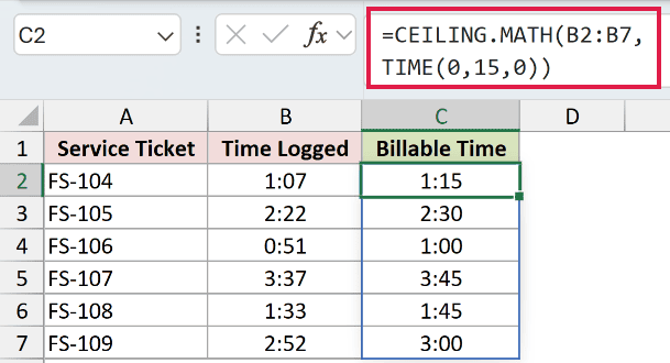 =CEILING.MATH(B2:B7,TIME(0,15,0)) in C2