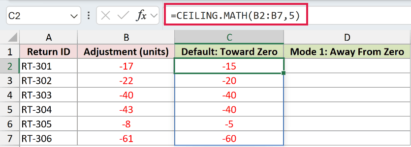 =CEILING.MATH(B2:B7,5) in C2