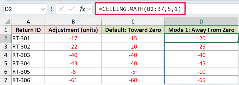 =CEILING.MATH(B2:B7,5,1) in D2
