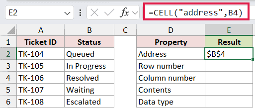=CELL("address",B4) in E2