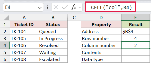 =CELL("col",B4) in E4