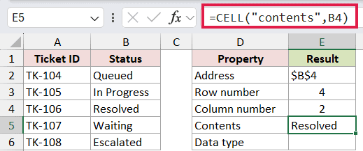=CELL("contents",B4) in E5