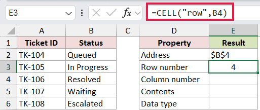 =CELL("row",B4) in E3