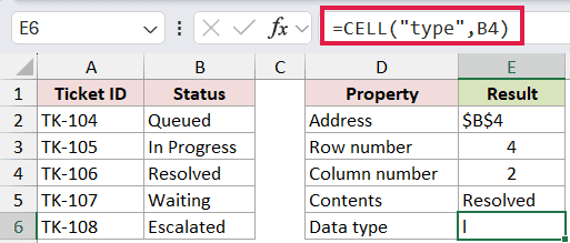 =CELL("type",B4) in E6