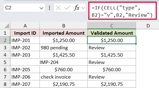 =IF(CELL("type",B{row})="v",B{row},"Review") in C2