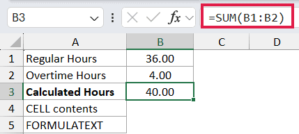 =SUM(B1:B2) in B3