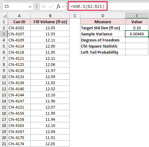 =VAR.S(B2:B21) in E3
