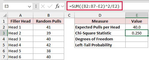 =SUM((B2:B7-E2)^2/E2) in E3
