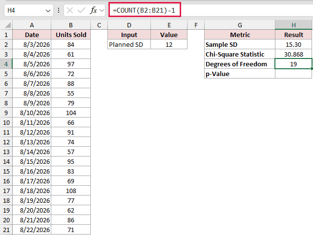 =COUNT(B2:B21)-1 in H4
