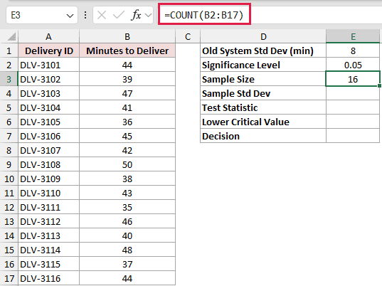 =COUNT(B2:B17) in E3