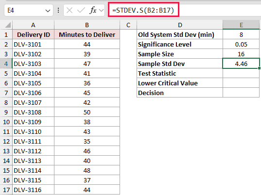 =STDEV.S(B2:B17) in E4
