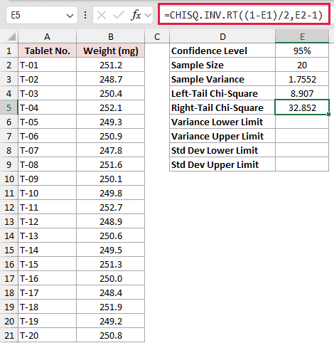 =CHISQ.INV.RT((1-E1)/2,E2-1) in E5