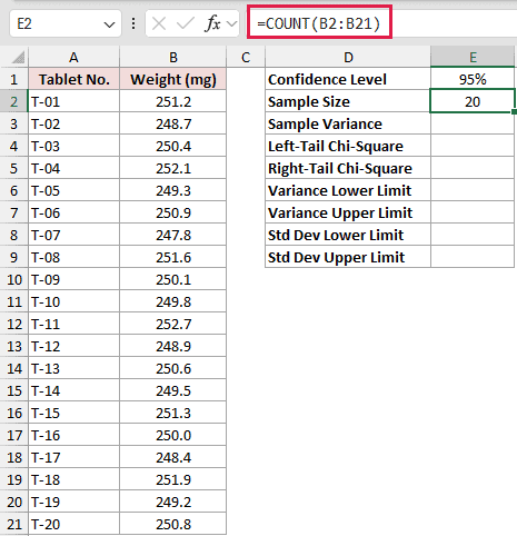 =COUNT(B2:B21) in E2