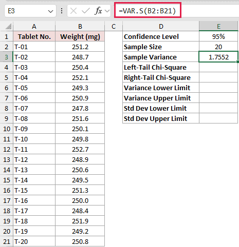 =VAR.S(B2:B21) in E3