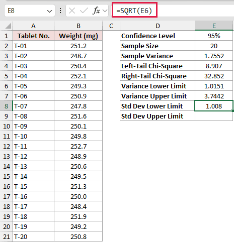 =SQRT(E6) in E8