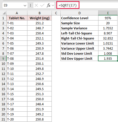 =SQRT(E7) in E9