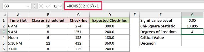 =ROWS(C2:C6)-1 in G3