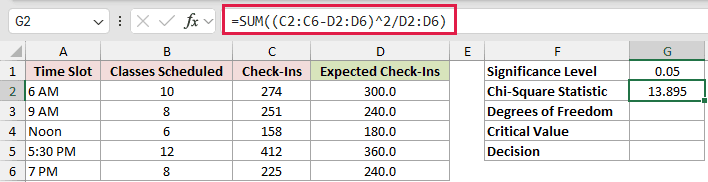 =SUM((C2:C6-D2:D6)^2/D2:D6) in G2