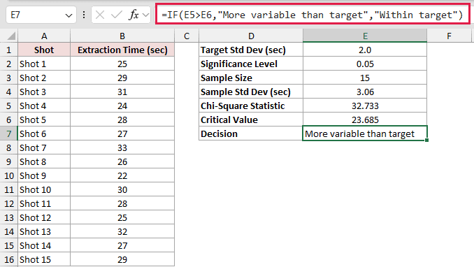 =IF(E5>E6,"More variable than target","Within target") in E7