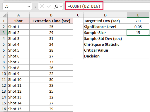 =COUNT(B2:B16) in E3