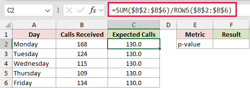 =SUM($B$2:$B$6)/ROWS($B$2:$B$6) in C2