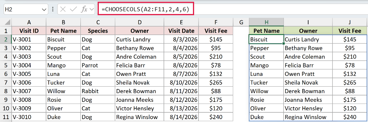 =CHOOSECOLS(A2:F11,2,4,6) in H2