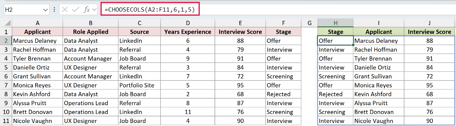 =CHOOSECOLS(A2:F11,6,1,5) in H2