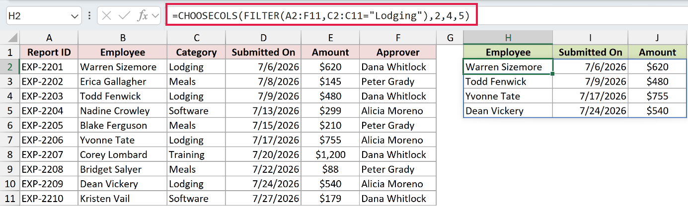 =CHOOSECOLS(FILTER(A2:F11,C2:C11="Lodging"),2,4,5) in H2