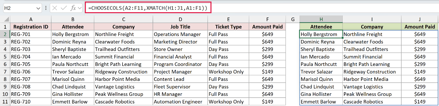 =CHOOSECOLS(A2:F11,XMATCH(H1:J1,A1:F1)) in H2