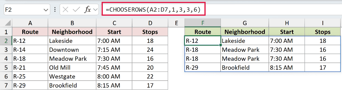 =CHOOSEROWS(A2:D7,1,3,3,6) in F2