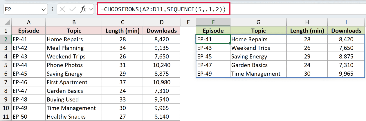 =CHOOSEROWS(A2:D11,SEQUENCE(5,,1,2)) in F2