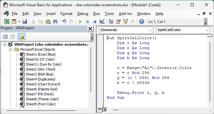 The Visual Basic Editor showing the routine that splits a .Color Long into red, green and blue using integer division