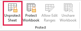 The Review tab showing Unprotect Sheet, which means the worksheet is protected