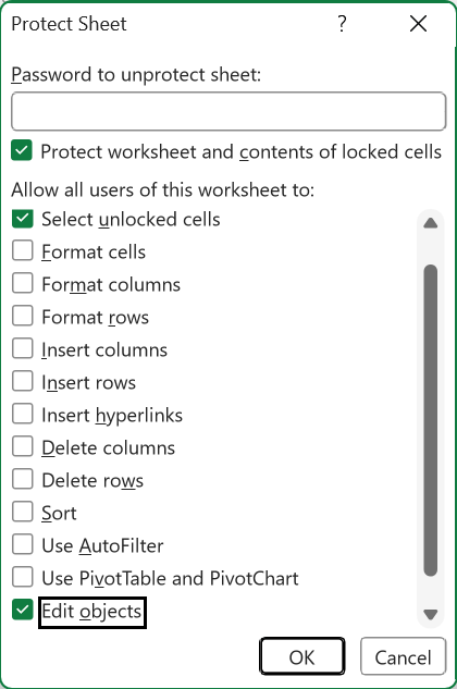 Protect Sheet permissions with Edit objects selected