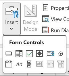 Developer Insert gallery showing Form Controls with ActiveX disabled on this build