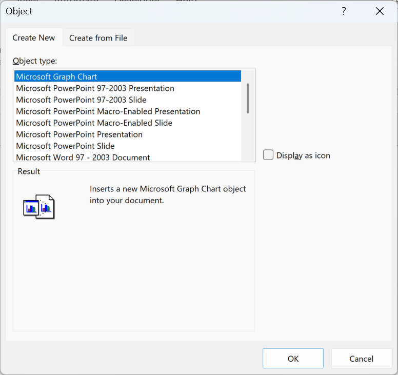 Object dialog with installed object types