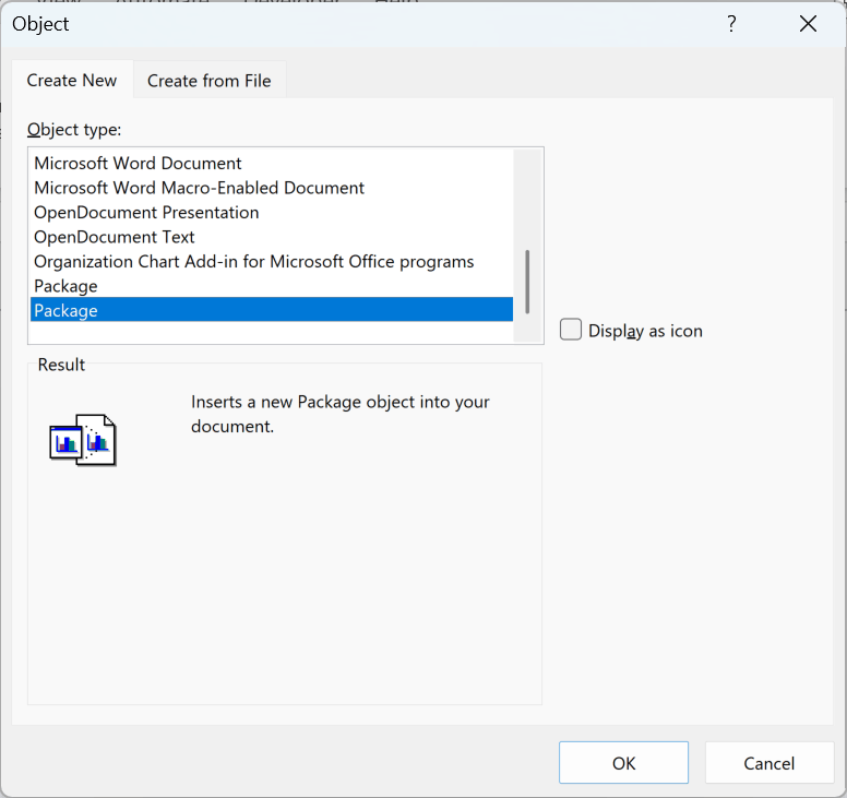 Object dialog with Package selected