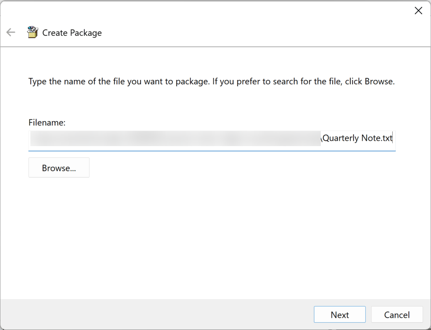 Create Package wizard with the source file selected