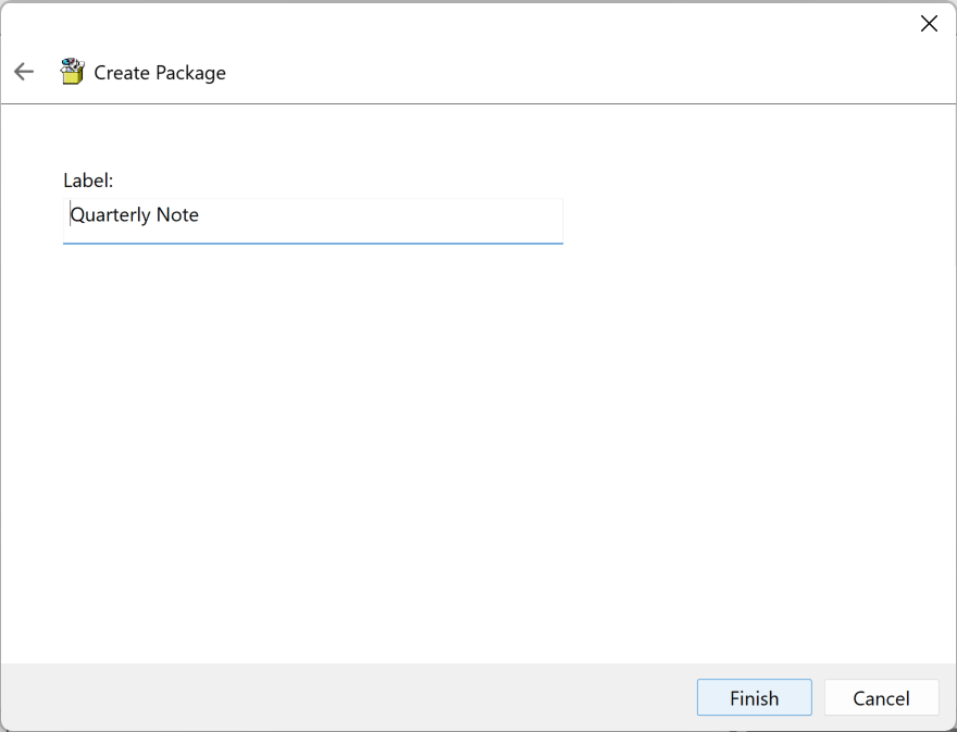 Create Package wizard with the label and Finish button